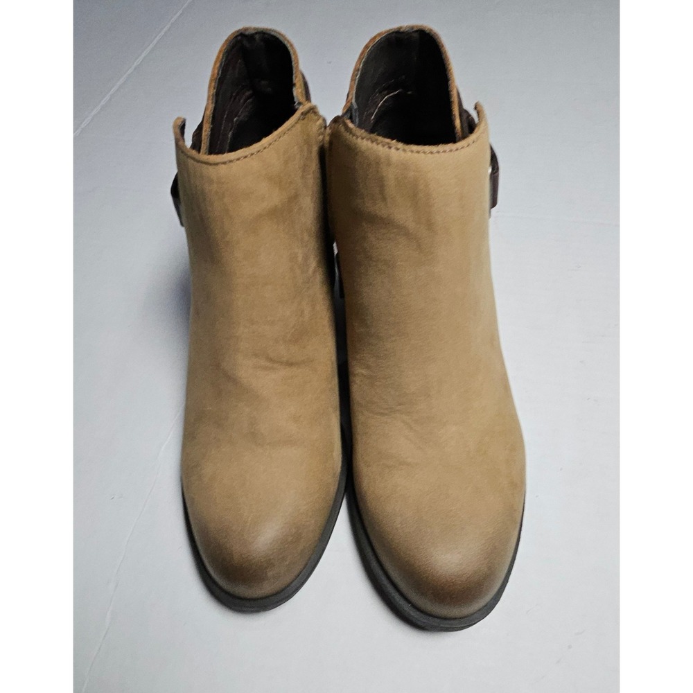 Sole Society Angie Taupe Leather Ankle Boots Block Heel Side Zip Buckle Womens 7